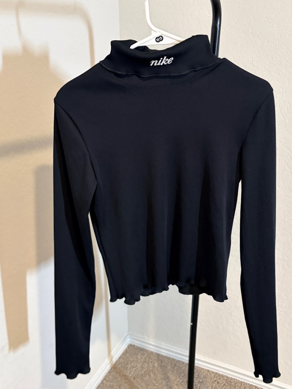 Nike Black Ribbed Long Sleeve Mock Neck Top with Lettuce Hem